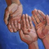 Three hands gently holding a ladybug